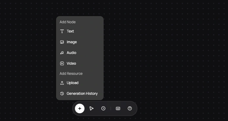 The node creation menu with Text, Image, Audio, Video, Upload, and Generation History